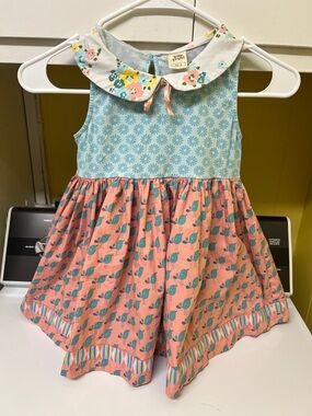 Peach & Aqua Bird Print Girls Top with Floral Collar